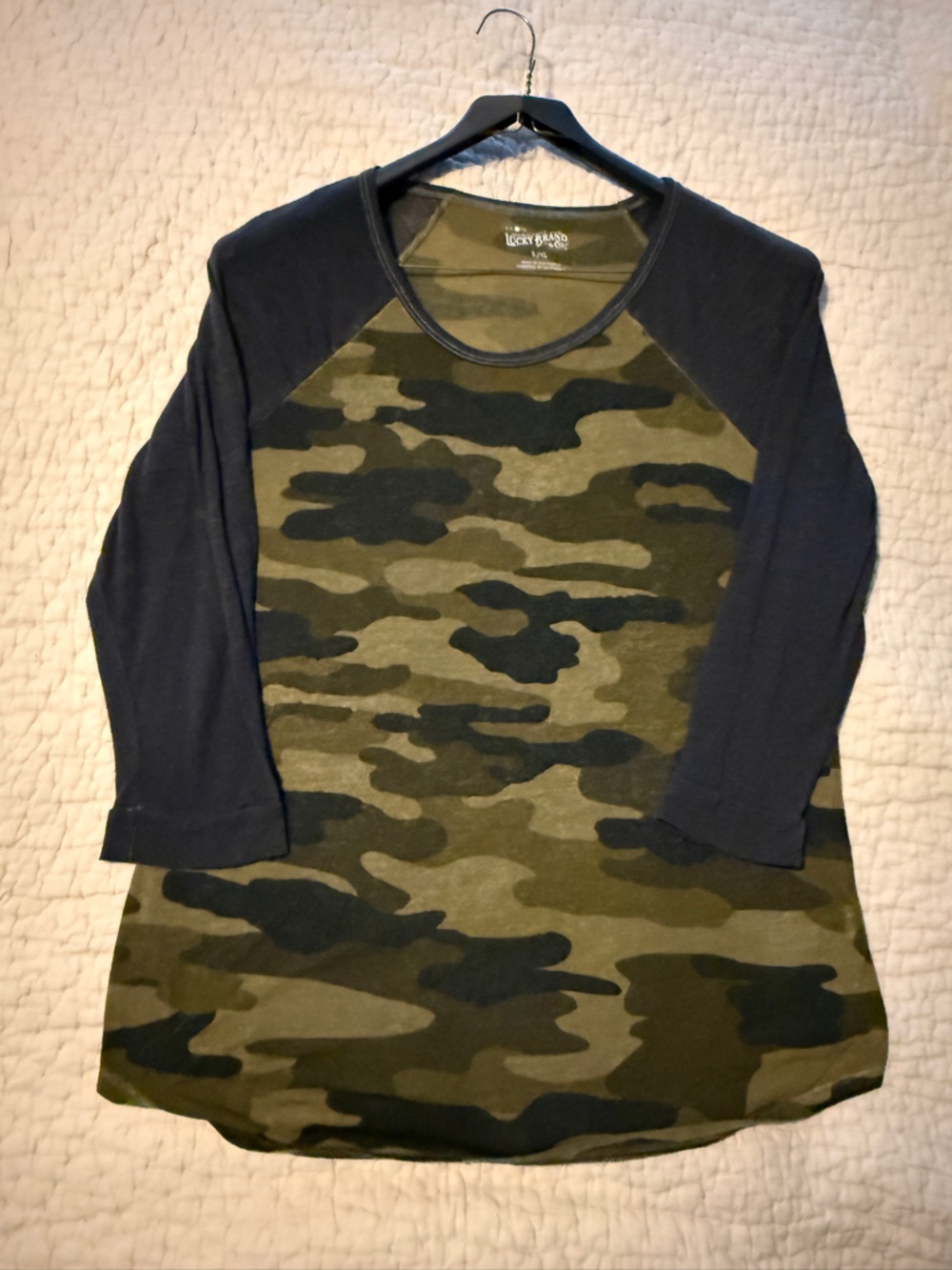 Lucky Brand Olive Green Camo Raglan Top